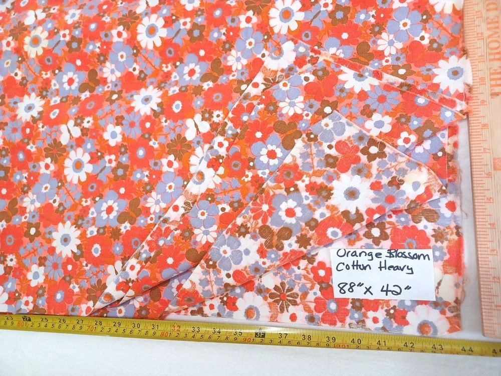 Orange Retro Daisy Floral Denim Cotton Fabric 1 Pc 88